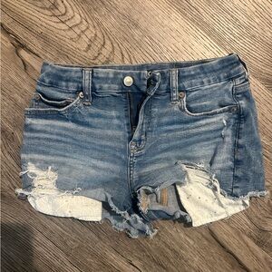American Eagle Outfitters Light Blue Distressed Denim Shorts with Lace Panels